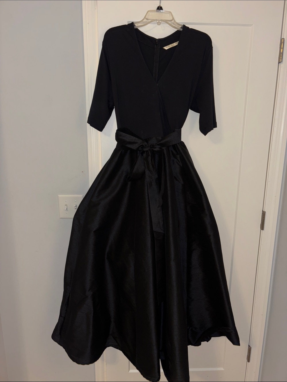 eshakti Black Midi Fit-and-Flare Dress with Wrap Top, pockets, Waist Tie